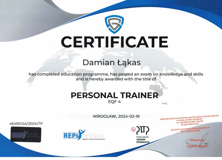 Certyfikat Personal Trainer EQF 4 wydany przez Global Sport Academy dla Damiana Łąkasa