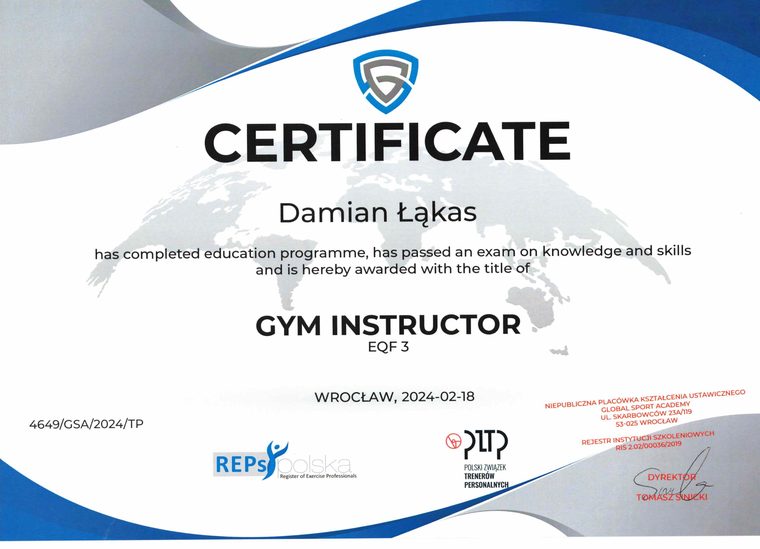 Certyfikat Gym Instructor EQF 3 wydany przez Global Sport Academy dla Damiana Łąkasa
